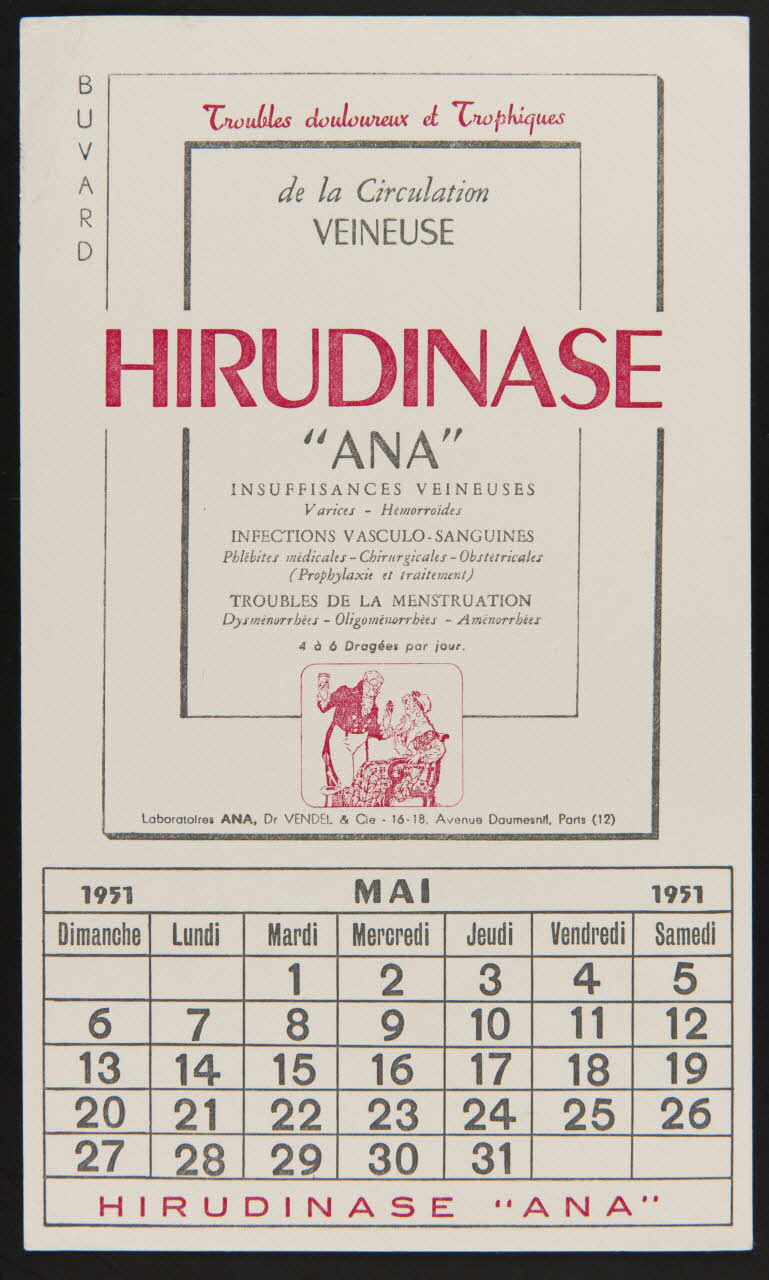 buvard publicitaire Troubles douloureux et Trophiques  de la Circulation  VEINEUSE  HIRUDINASE 1951 1994.34.1024 Photo