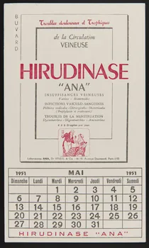 buvard publicitaire Troubles douloureux et Trophiques  de la Circulation  VEINEUSE  HIRUDINASE 1951 1994.34.1024  Photo