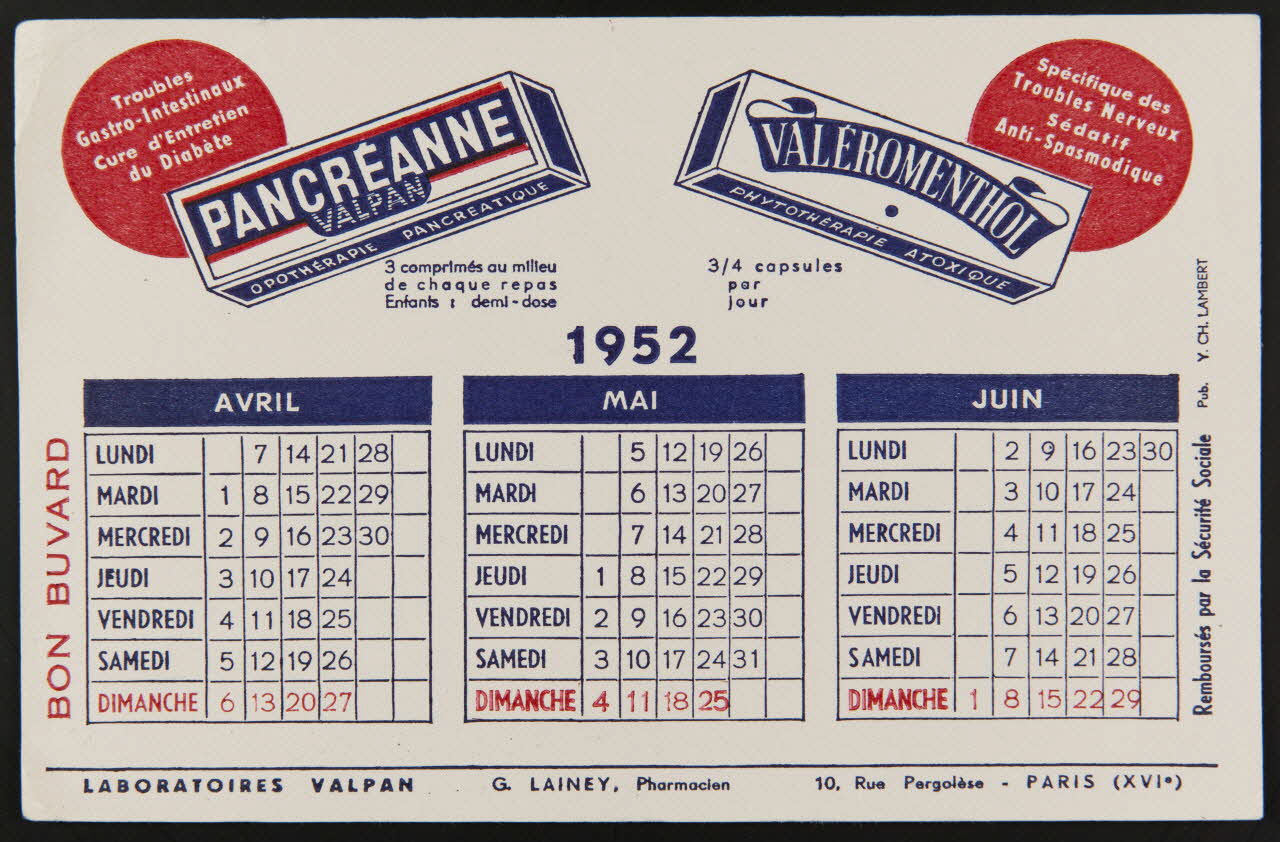 Y. Ch. Lambert buvard publicitaire PANCREANNE  VALEROMENTHOL  1952 1952 1994.34.1027 Photo