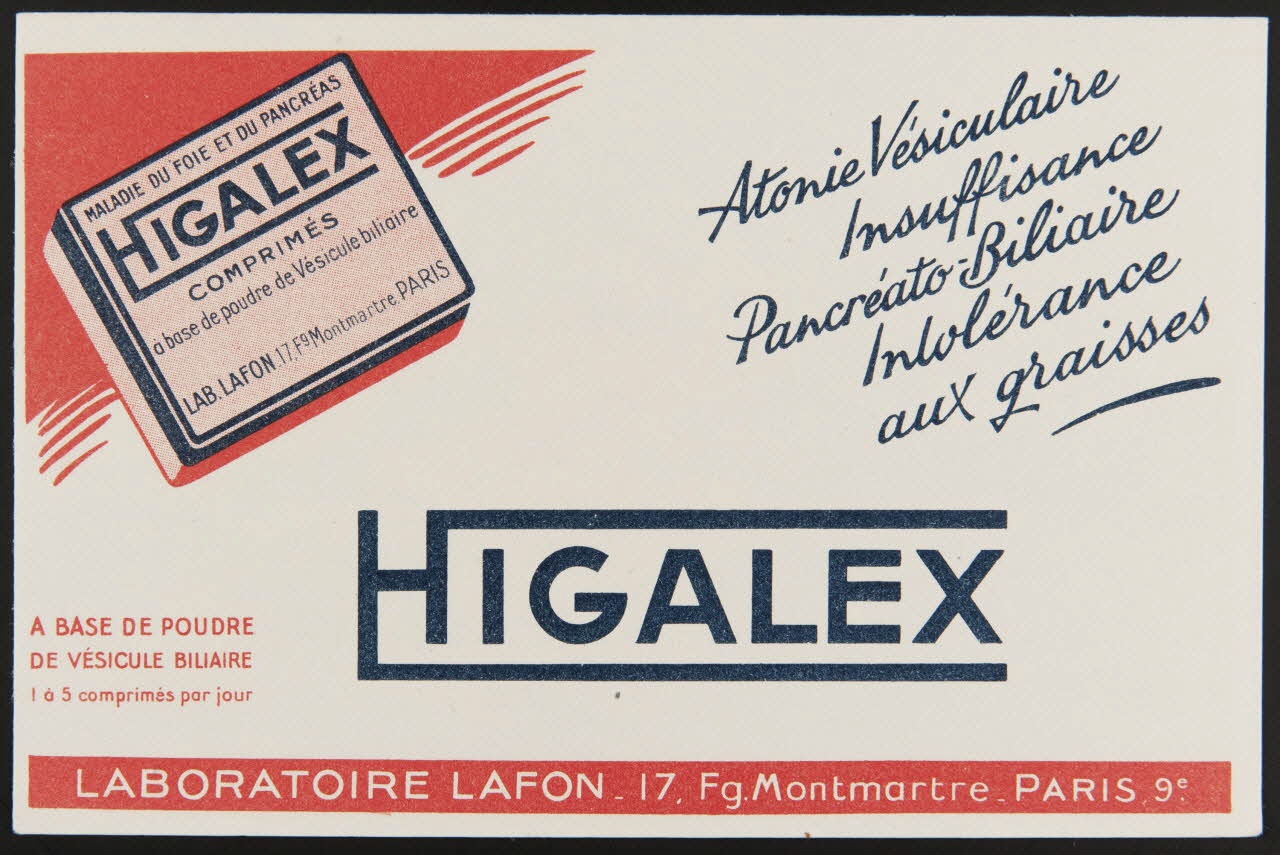 buvard publicitaire Atonie Vésiculaire  Insuffisance  Pancréato Biliaire  Intolérance  aux graisses  HIGALEX 1994.34.1042 Photo