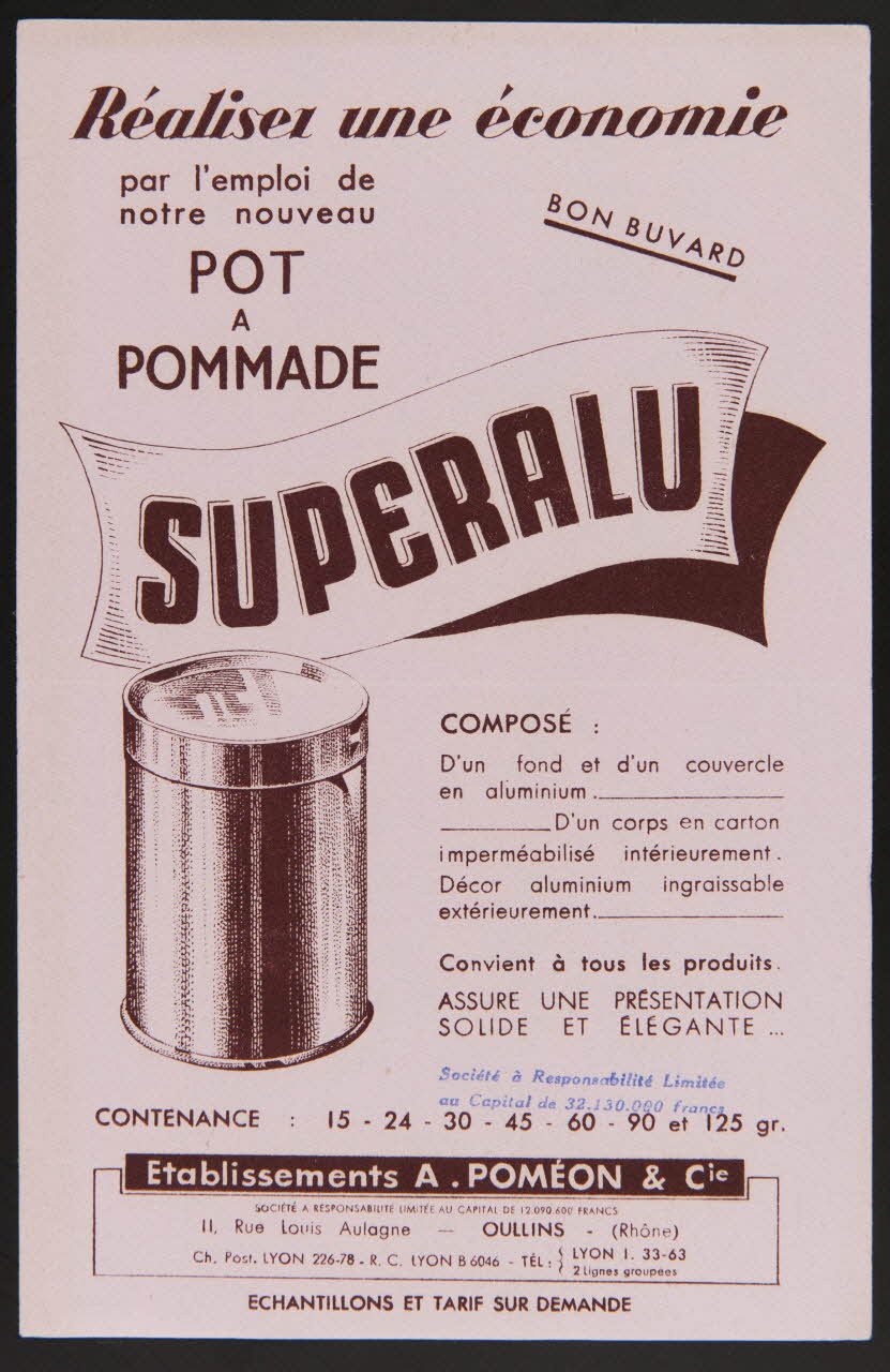 buvard publicitaire Réalisez une économie  par l'emploi de  notre nouveau  POT  A  POMMADE  SUPERALU 1994.34.1044 Photo