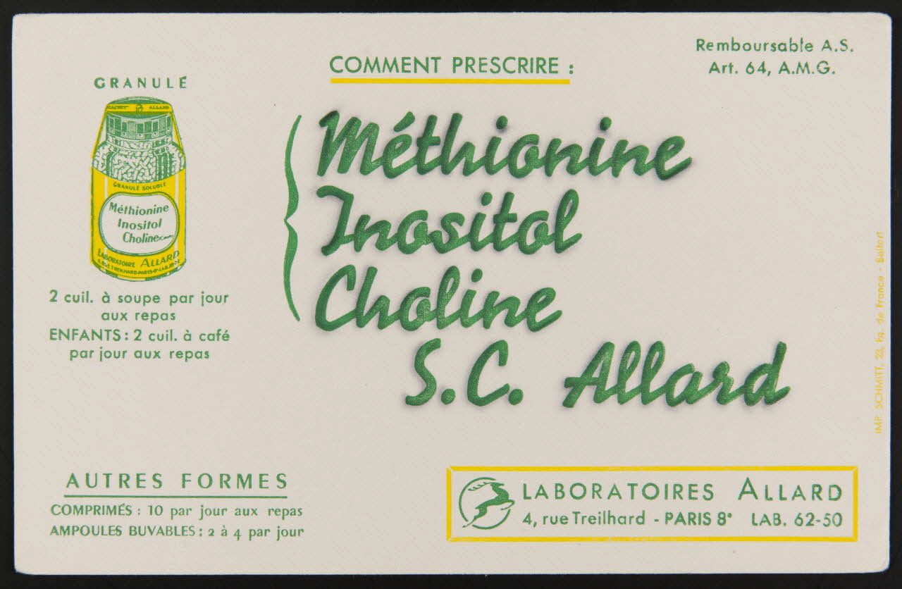 buvard publicitaire COMMENT PRESCRIRE :  méthionine  Inositol  Choline  S.C. Allard 1994.34.1056 Photo