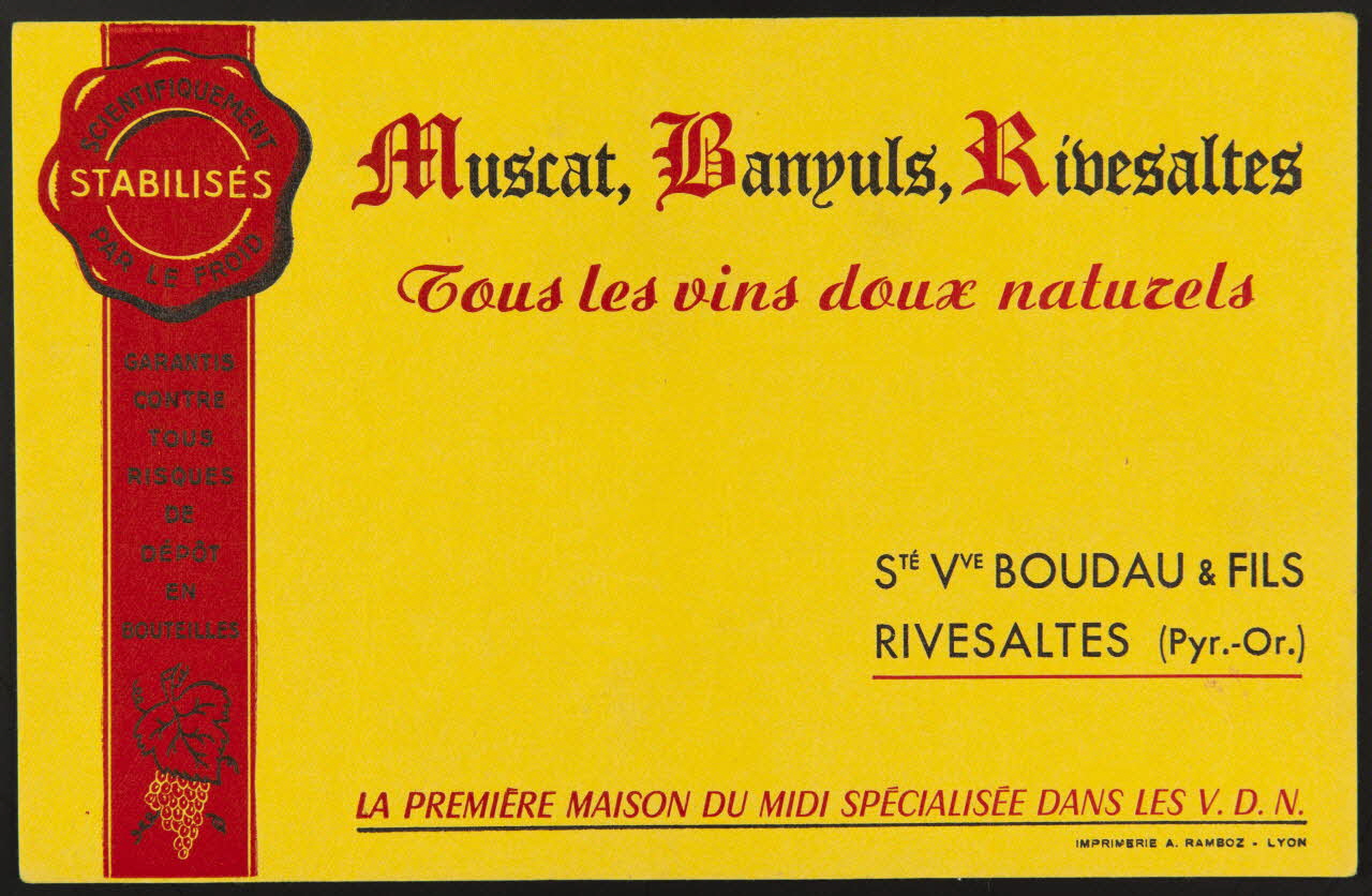 buvard publicitaire Muscat, Banyuls, Rivesaltes  Tous les vins doux naturels 1994.34.1201 Photo