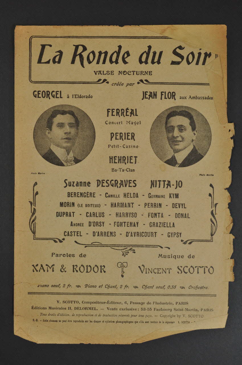 Xam ; Jean Rodor ; Vincent Scotto ; Georgel ; Jean Flor ; Ferréal ; Périer ; Marie-Odile Henriet chanson petit format Île-de-France, France 1911 1965.172.148 Photo Mucem