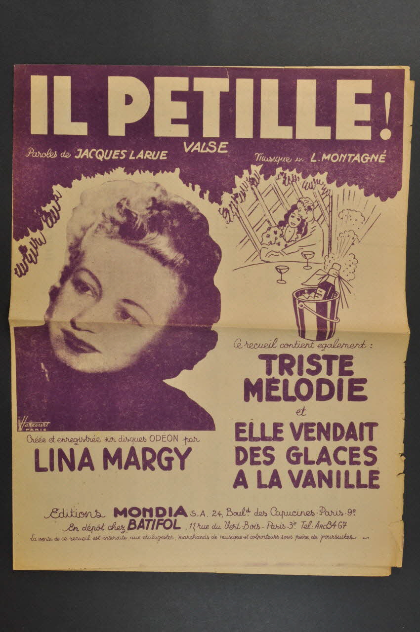 Jean Solar ; Léon Montagné ; Jacques Larue ; Christian Jollet ; Sergelys ; Lina Margy ; Mondia S.A.; chanson petit format Paris 9ème 1948 1966.187.17 Photo Mucem
