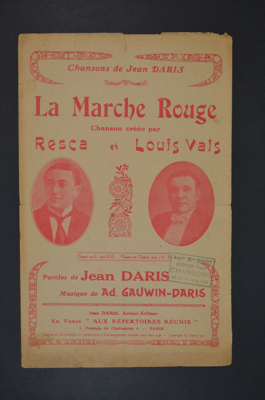 Jean Daris ; Ad. Gauwin ; Resca ; Louis Vals ; Aux Répertoires Réunis; chanson petit format Île-de-France, France 1911 1966.187.22 Photo Mucem