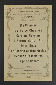 E. Vylé ; Georges Villard ; Fernand Bastin ; Georgel ; Villard ; Zidner ; Elvell ; Darcet ; Rambault ; Mansuelle ; H. Delormel chanson petit format Île-de-France, France 1911 1965.172.17 Photo Mucem