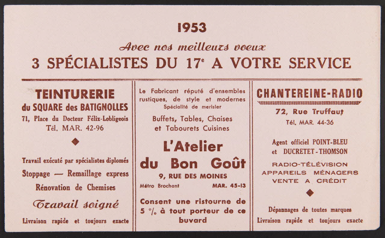 buvard publicitaire 1953  Avec nos meilleurs voeux  3 SPECIALISTES DU 17e A VOTRE SERVICE 1994.34.1734 Photo