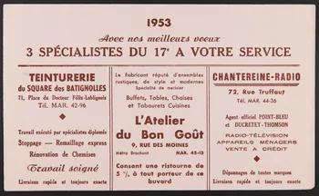 buvard publicitaire 1953  Avec nos meilleurs voeux  3 SPECIALISTES DU 17e A VOTRE SERVICE 1994.34.1734  Photo
