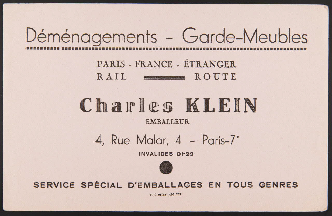 buvard publicitaire Déménagements - Garde-Meubles  PARIS - FRANCE - ETRANGER  RAIL  ROUTE  Charles KLEIN 1994.34.1737 Photo