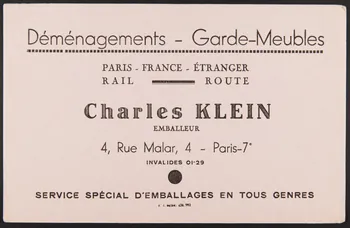 buvard publicitaire Déménagements - Garde-Meubles  PARIS - FRANCE - ETRANGER  RAIL  ROUTE  Charles KLEIN 1994.34.1737  Photo