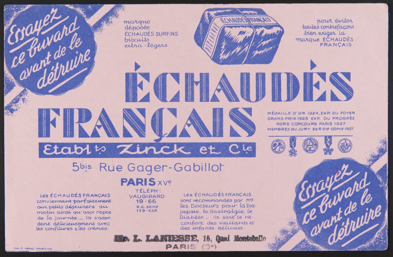 buvard publicitaire ECHAUDES  FRANCAIS  Etablts Zinck et Cie 1994.34.229 Photo