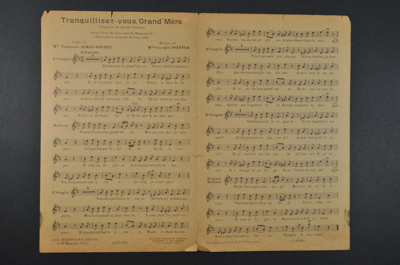 Françoise Auran-Boudet ; Georges Pseffer ; Jacquot; chanson petit format Île-de-France, France 1833 1966.187.40  Photo Mucem