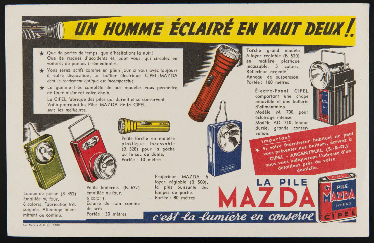 buvard publicitaire UN HOMME ECLAIRE EN VAUT DEUX !.  LA PILE  MAZDA  c'est la lumière en conserve 1994.34.470 Photo