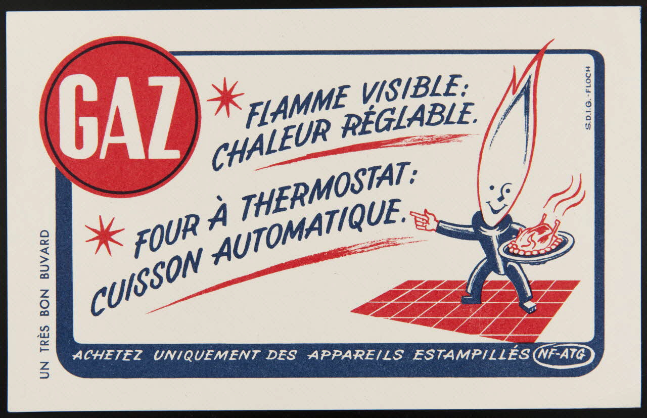 buvard publicitaire GAZ  FLAMME VISIBLE :  CHALEUR REGLABLE.  FOUR A THERMOSTAT :  CUISSON AUTOMATIQUE. 1994.34.480 Photo