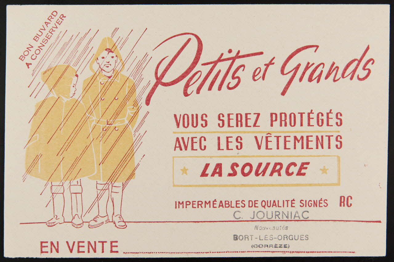 buvard publicitaire VOUS SEREZ PROTEGES  AVEC LES VÊTEMENTS  LA SOURCE 1994.34.753 Photo