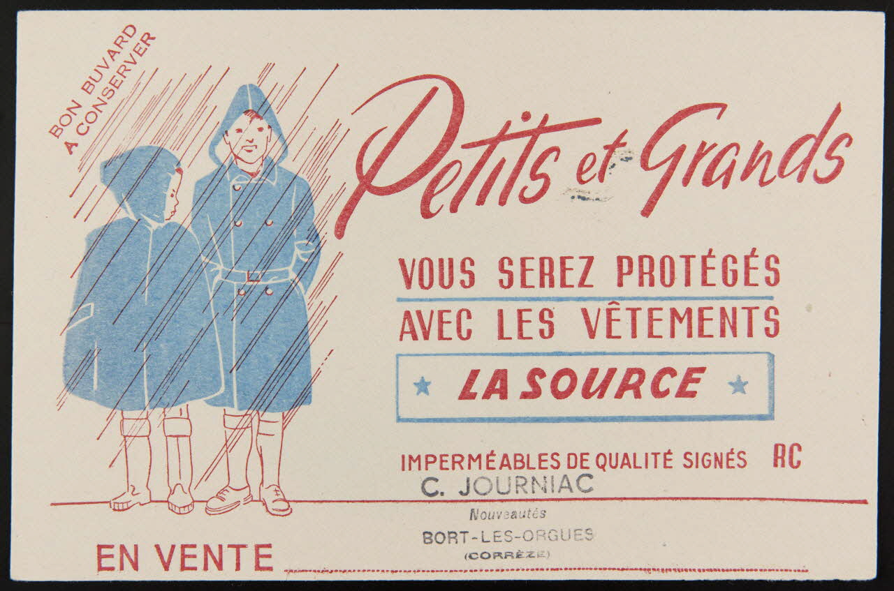buvard publicitaire VOUS SEREZ PROTEGES  AVEC LES VÊTEMENTS  LA SOURCE 1994.34.754 Photo