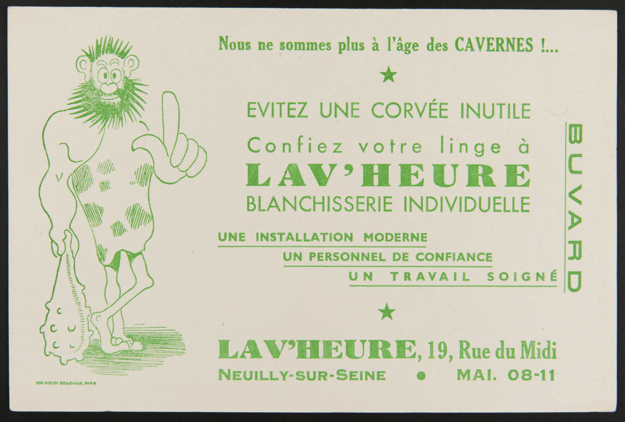 buvard publicitaire Nous ne sommes plus à l'âge des CAVERNES !...  EVITEZ UNE CORVEE INUTILE  Confiez votre linge à  LAV'HEURE 1994.34.793 Photo