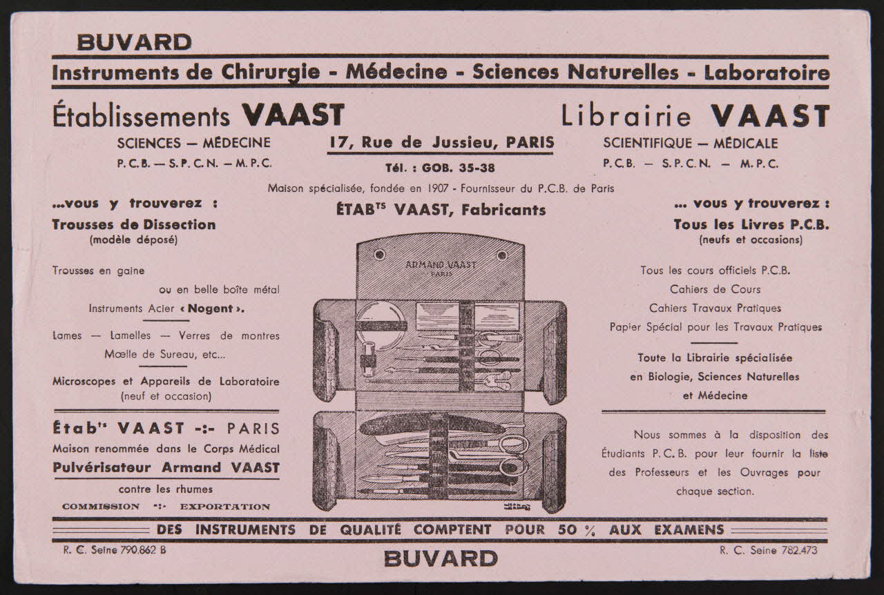 buvard publicitaire BUVARD  Instruments de Chirurgie - Médecine - Sciences Naturelles-Laboratoire  Etablissements VAAST 1994.34.981 Photo
