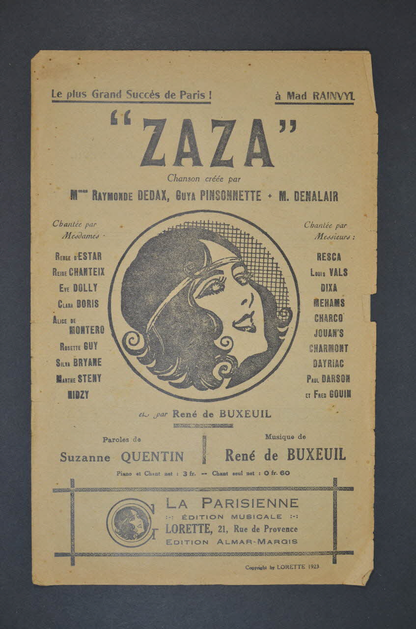 Suzanne Quentin ; René De Buxeuil ; Raymonde Dedax ; Guya Pinsonnette ; M. Denalair ; La Parisienne, Edition Musicale; chanson petit format Île-de-France, France 1923 1966.189.12 Photo Mucem