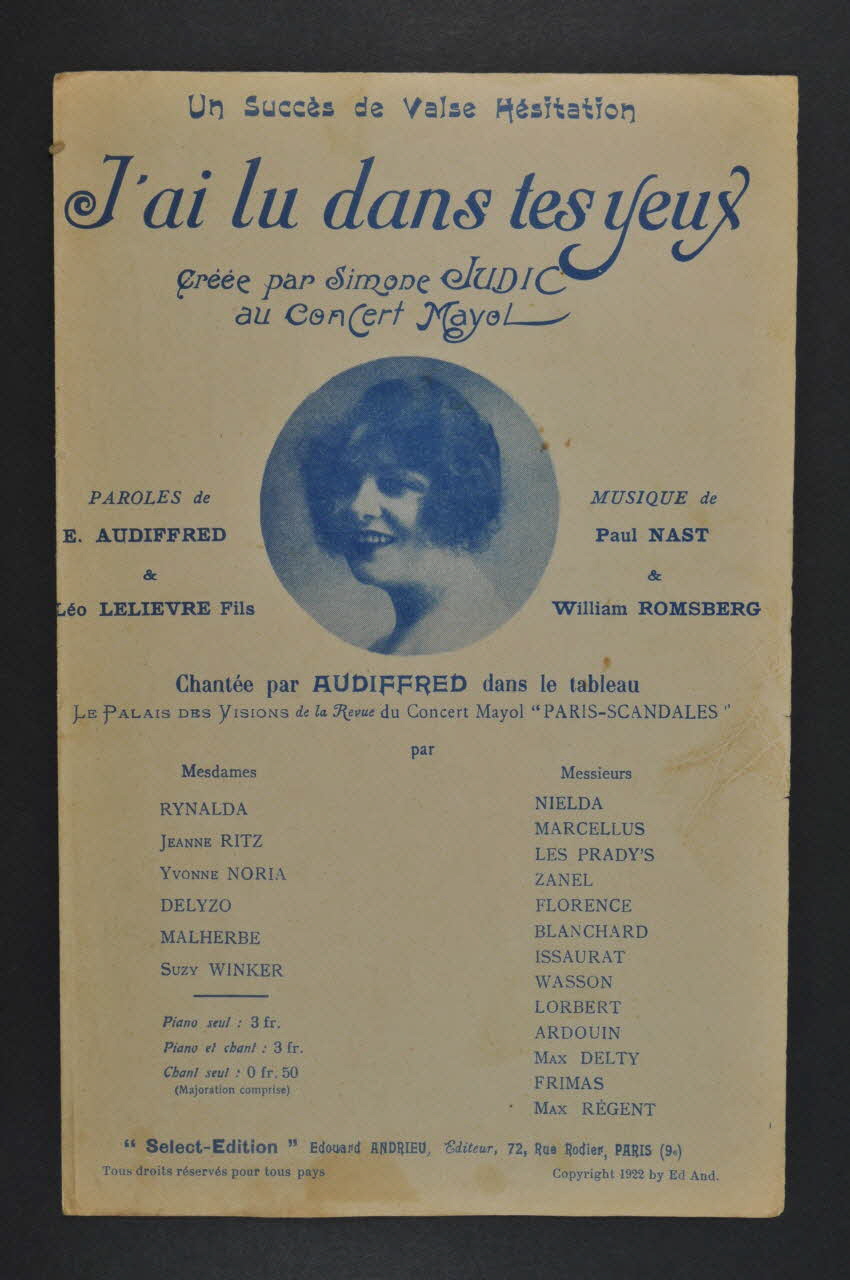William Romsberg ; Paul Nast ; E Audiffred ; Léo Fils Lelièvre ; Simone Judic chanson petit format Paris 9ème 1922 1966.189.15 Photo Mucem