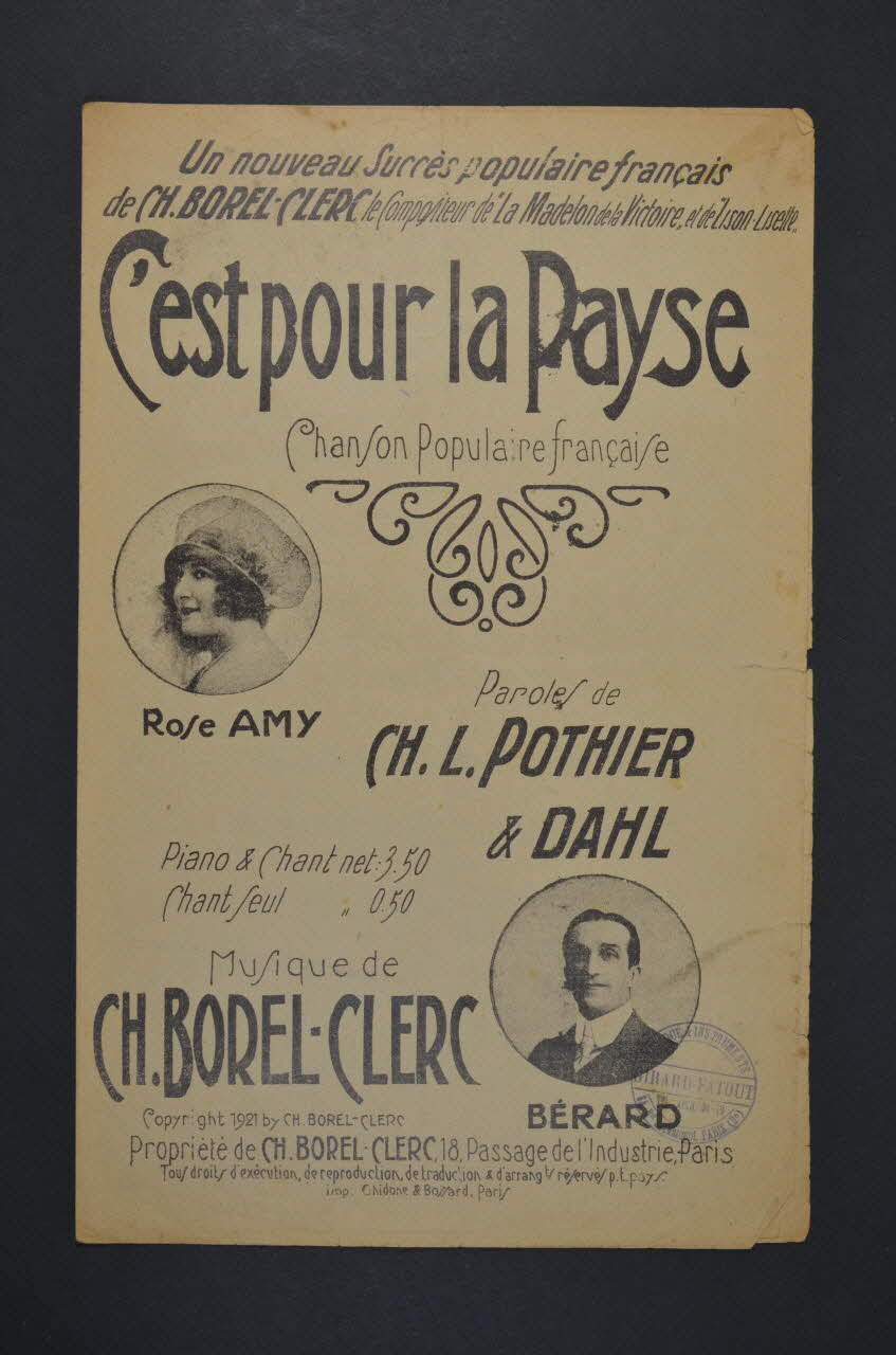 Charles-Louis Pothier ; Charles Borel-Clerc ; Dahl ; Rose Amy ; Adolphe Bérard chanson petit format Île-de-France, France 1921 1966.189.44 Photo Mucem