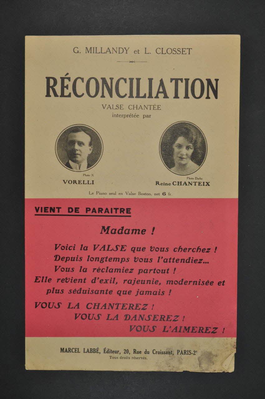 Georges Millandy ; Louis Closset ; Georges Vorelli ; Reine Chanteix ; Labbé chanson petit format Île-de-France, France 1925 1965.175.1 Photo Mucem