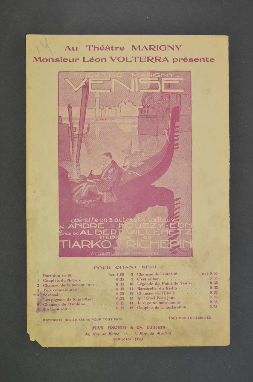 André MouëZy-Eon ; Tiarko Richepin ; Albert Willemetz ; Éditions Max Eschig chanson petit format Île-de-France, France 1927 1965.175.111 Photo Mucem