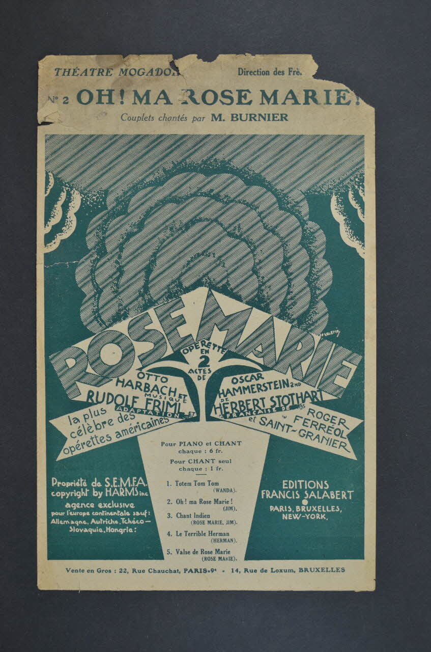 Rudolf Friml ; Herbert Stothart ; Charles Saint-Granier ; Otto Harbach ; Roger Ferréol ; Oscar Hammerstein ; Francis F. Salabert chanson petit format Île-de-France, France 1924 1965.175.114 Photo Mucem