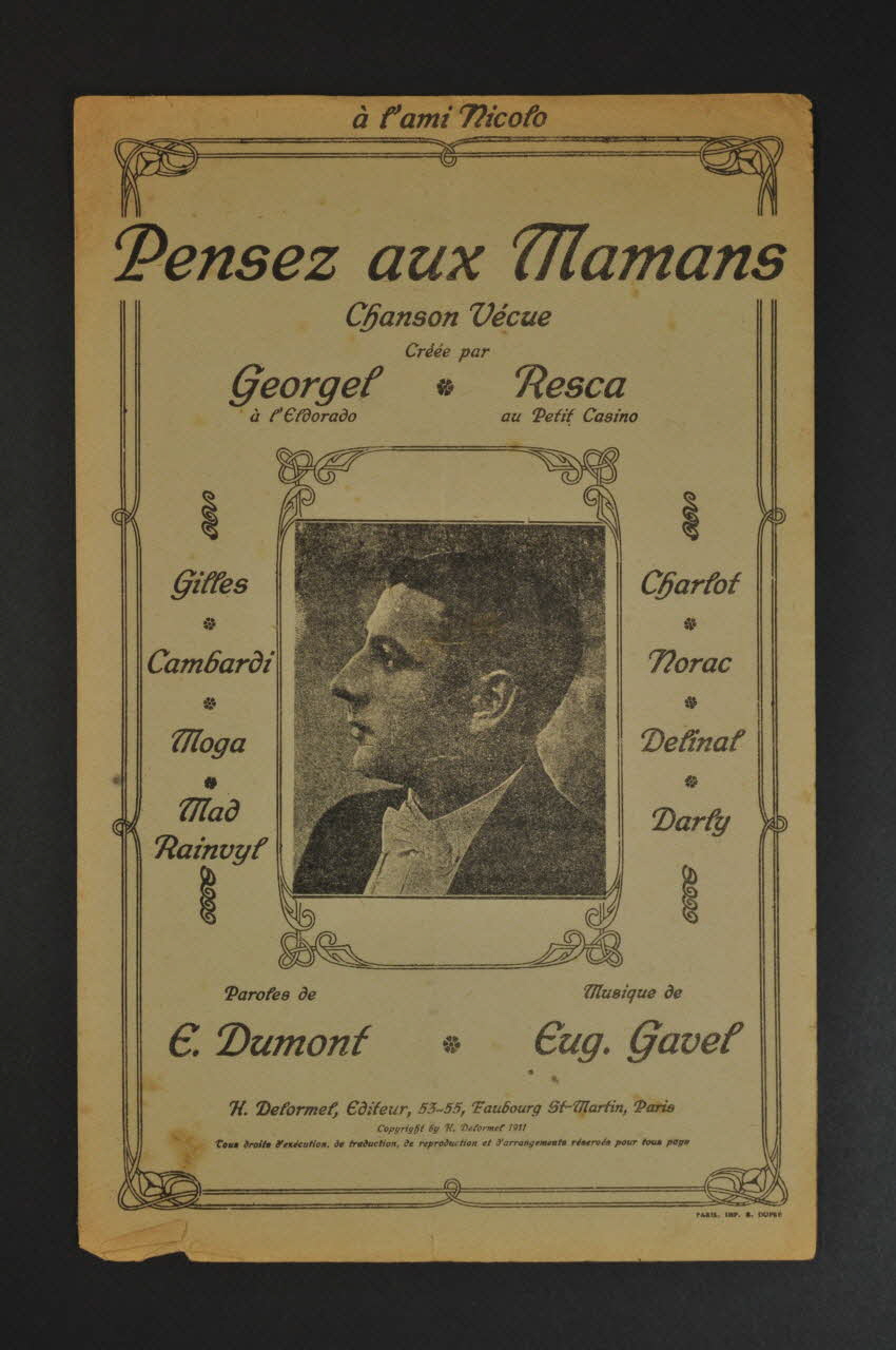 Ernest Dumont ; Eugène Gavel ; Georgel ; H. Delormel ; Resca chanson petit format Île-de-France, France 1911 1966.189.76 Photo Mucem