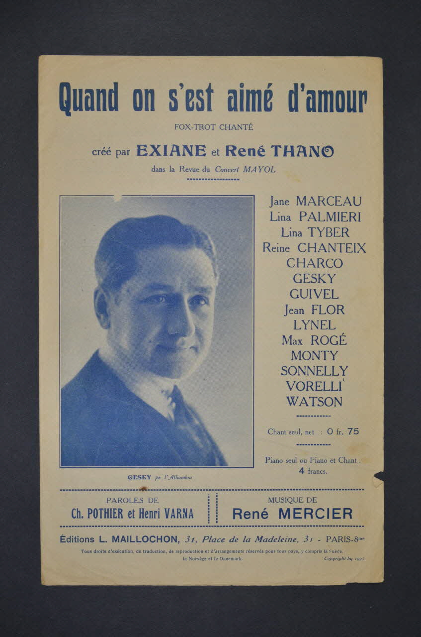 Charles-Louis Pothier ; René Mercier ; Henri Varna ; Exiane ; René Thano ; L. Maillochon chanson petit format Île-de-France, France 1925 1966.189.83 Photo Mucem