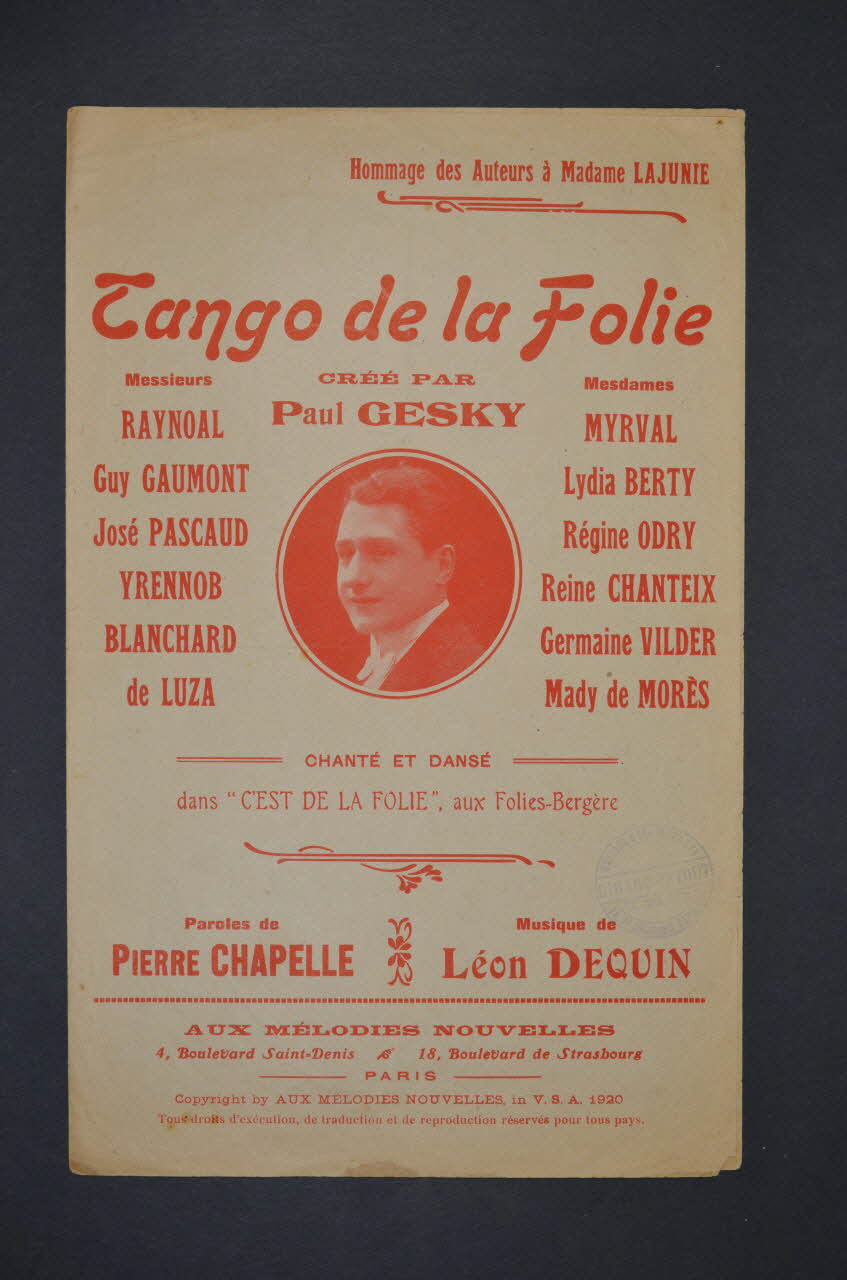 Pierre Chapelle ; Léon Dequin ; Paul Gesky ; Aux Mélodies Nouvelles chanson petit format Île-de-France, France 1920 1966.189.85 Photo Mucem