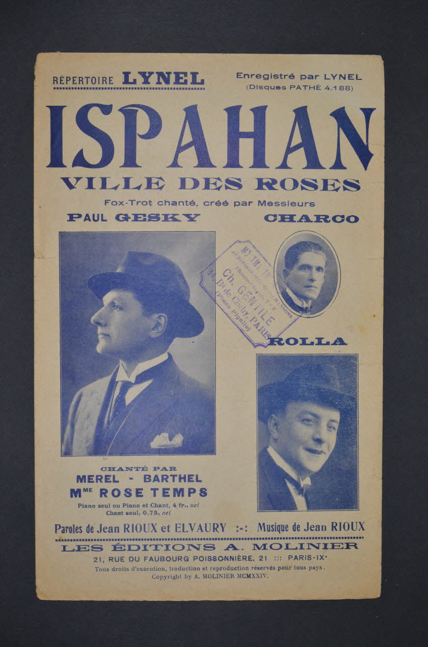 Elvaury ; Jean Rioux ; Paul Gesky ; Charco ; A. Molinier chanson petit format Paris 9ème 1924 1966.189.86 Photo Mucem