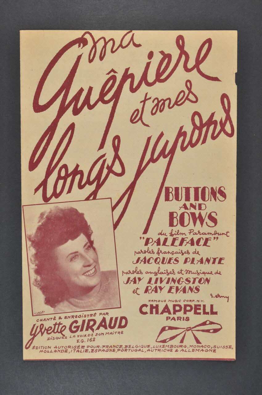 Ray Evans ; Jay Livingston ; Jacques Plante ; Yvette Giraud ; Chappell; chanson petit format Île-de-France, France 1948 1966.189.89 Photo Mucem