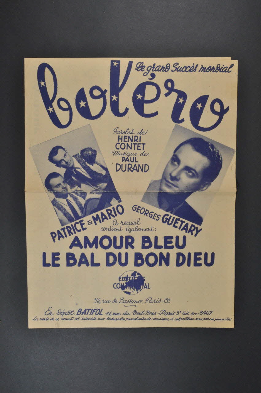 Henri Coutet ; Paul Durand ; Batifol chanson petit format Paris 3ème 1948 1966.189.92 Photo Mucem
