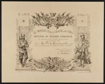 estampe LE MONITEUR DE LA CHASSE & ET DES TIRS  DIPLÔME DE MEMBRE FONDATEUR 1967.108.1 Photo