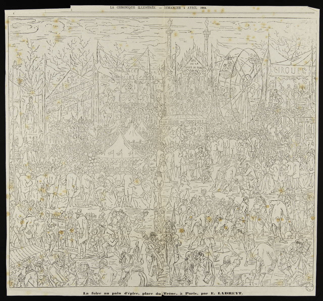 estampe LA CHRONIQUE ILLUSTREE. - DIMANCHE 4 AVRIL 1869.  La foire au pain d'épice, place du Trône, à Paris, par E. LADREYT. 1967.116.1005 Photo