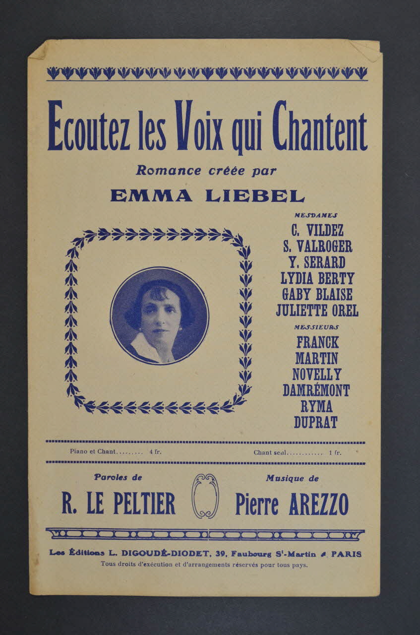 Raoul Le Peltier ; Pierre Arezzo ; Emma Liébel ; Digoudé-Diodet; chanson petit format Île-de-France, France 1913 1965.175.34 Photo Mucem