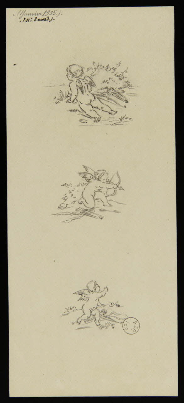 Gustave Soury dessin Trois études de Cupidon cherchant une cible, tirant une flèche et s'enfuyant 1935 1967.116.131 Photo