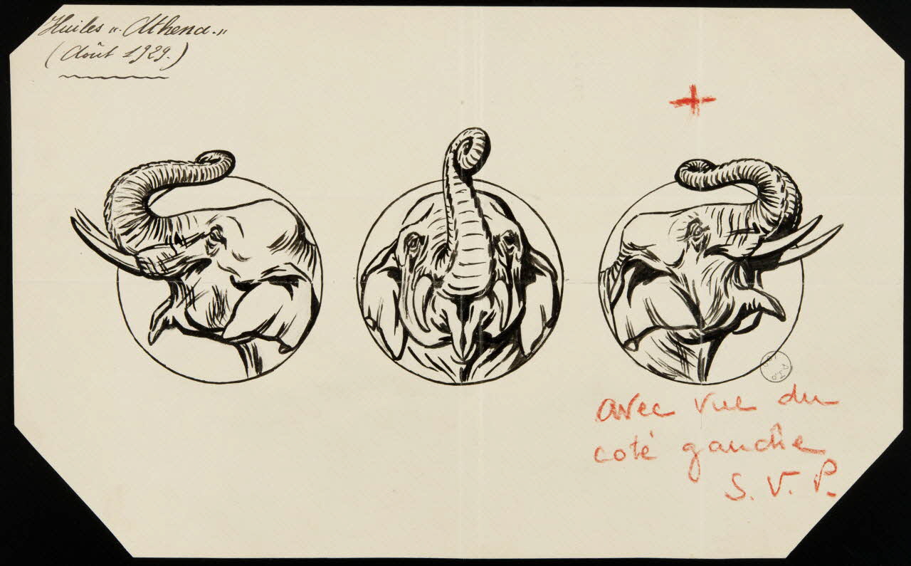 Gustave Soury dessin Projet de publicité pour des huiles de machines : trois têtes d'éléphant 1929 1967.116.160 Photo