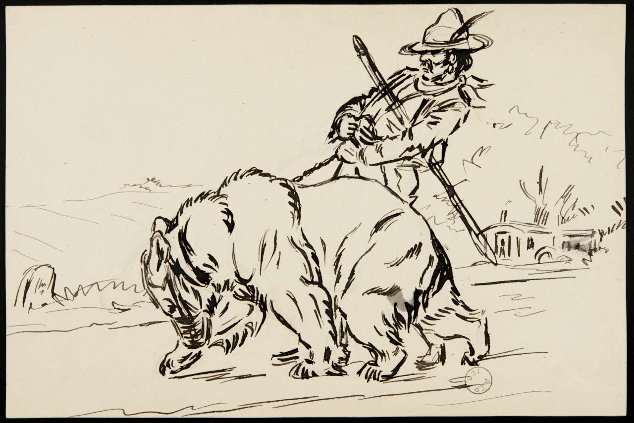 Gustave Soury dessin Homme tenant un ours enchaîné 1966 1967.116.227 Photo