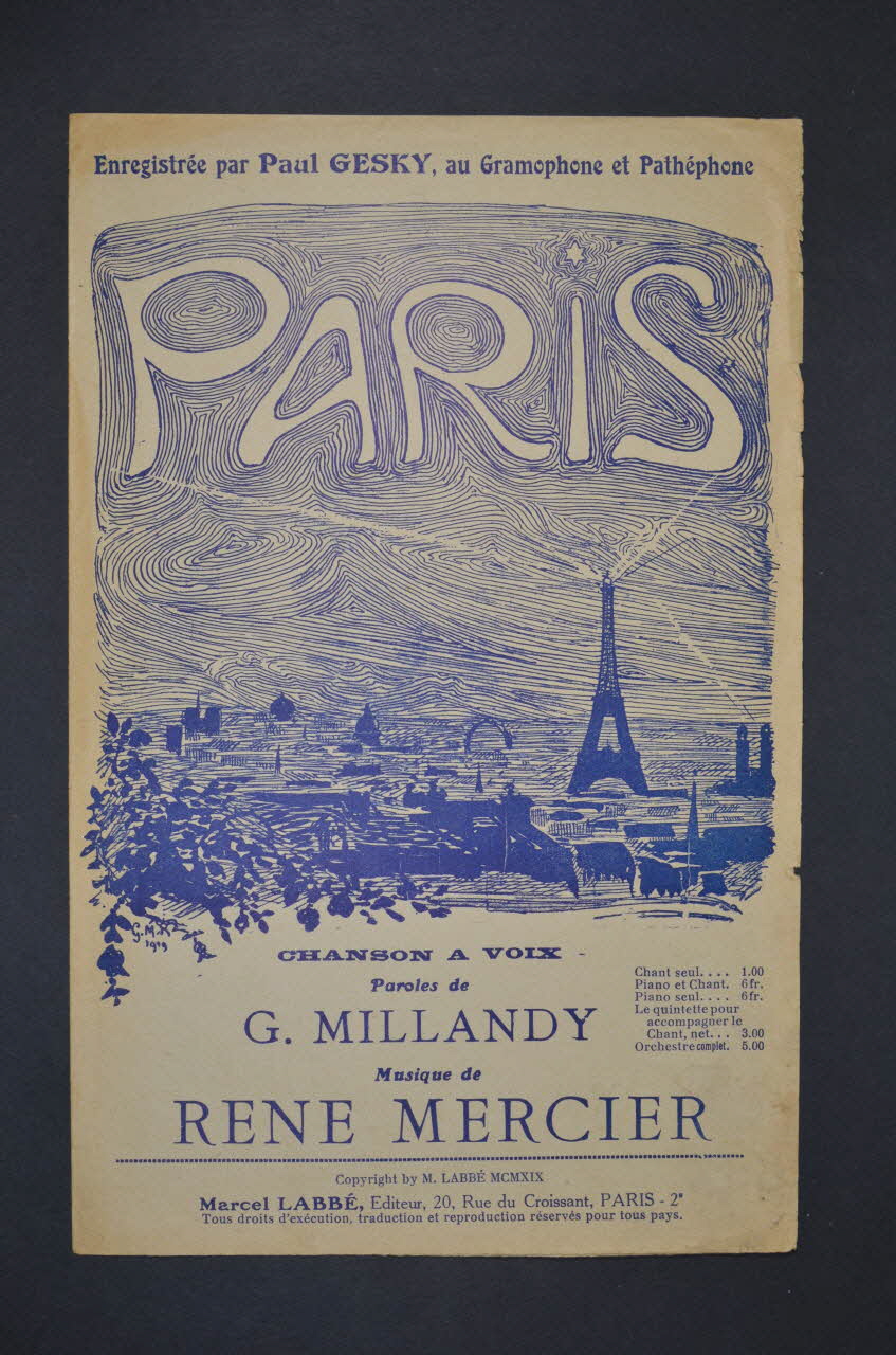 Georges Millandy ; René Mercier ; Paul Gesky ; Labbé chanson petit format Île-de-France, France 1919 1965.175.38 Photo Mucem