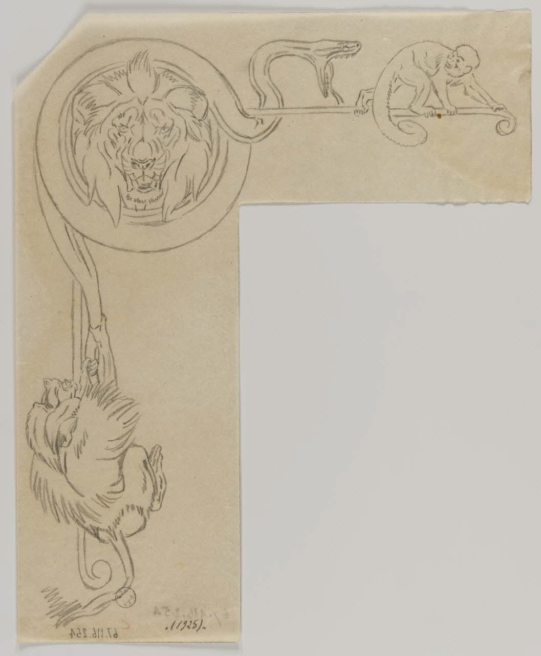 Gustave Soury dessin Tête de lion en médaillon, boa et deux singes 1925 1967.116.254 Photo
