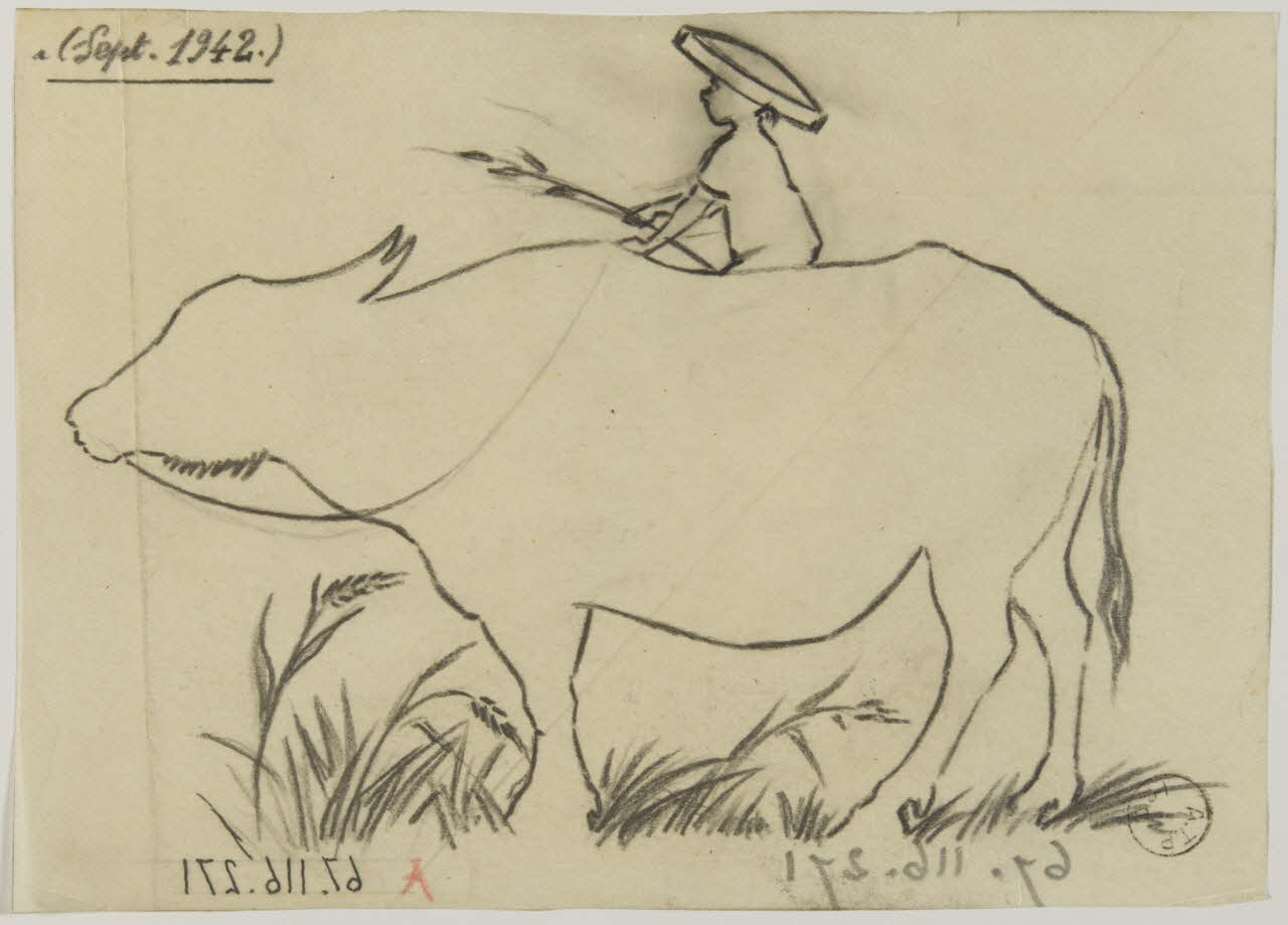 Gustave Soury dessin Silhouette de Nha-Qué, annamite, sur le dos d'un buffle 1942 1967.116.271 Photo