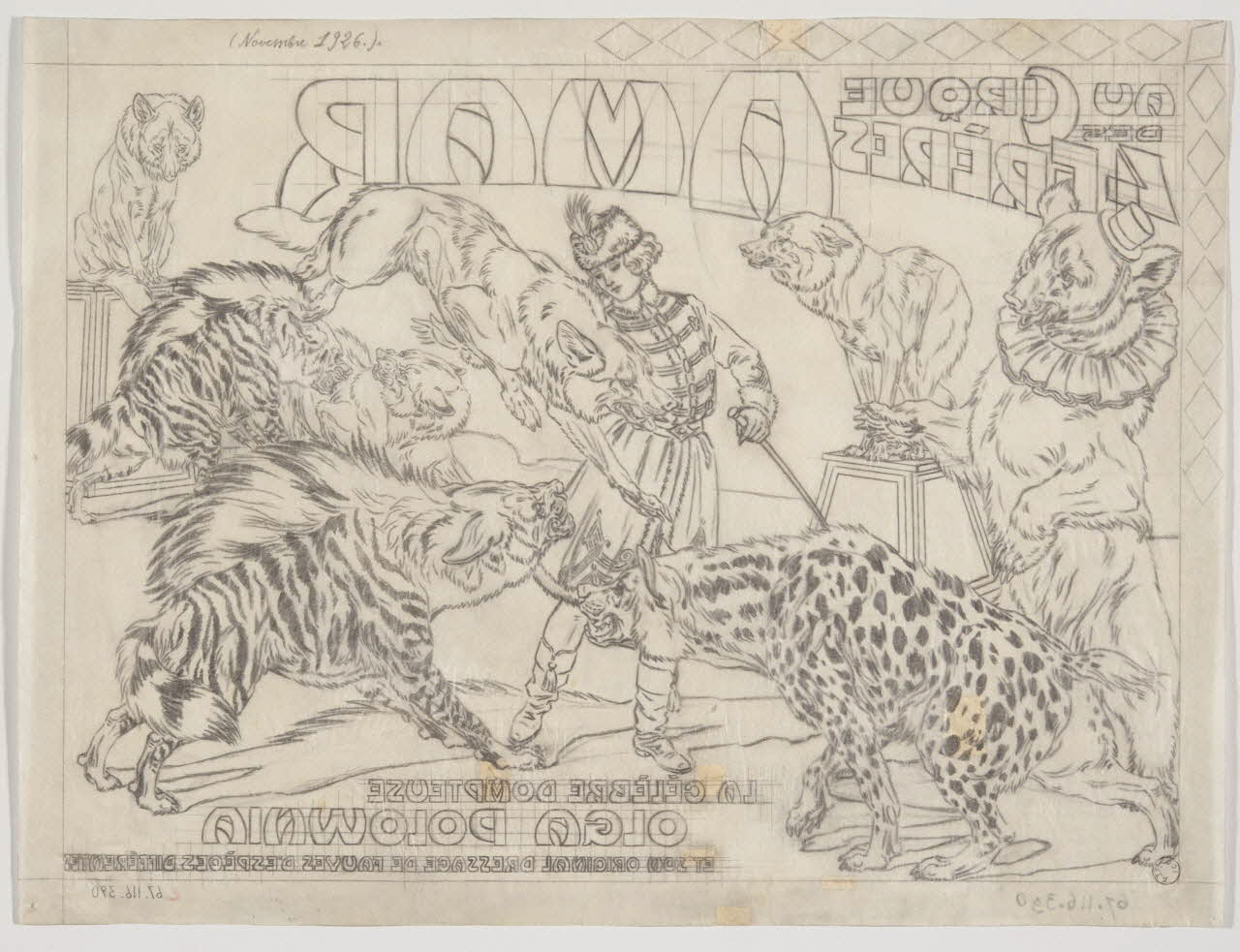 Gustave Soury dessin AU CIRQUE DES 4 FRERES AMAR- LA CELEBRE OLGA DOLOWNIA ET SON ORIGINAL DRESSAGE DE FAUVES D'ESPECES DIFFERENTES 1926 1967.116.390 Photo