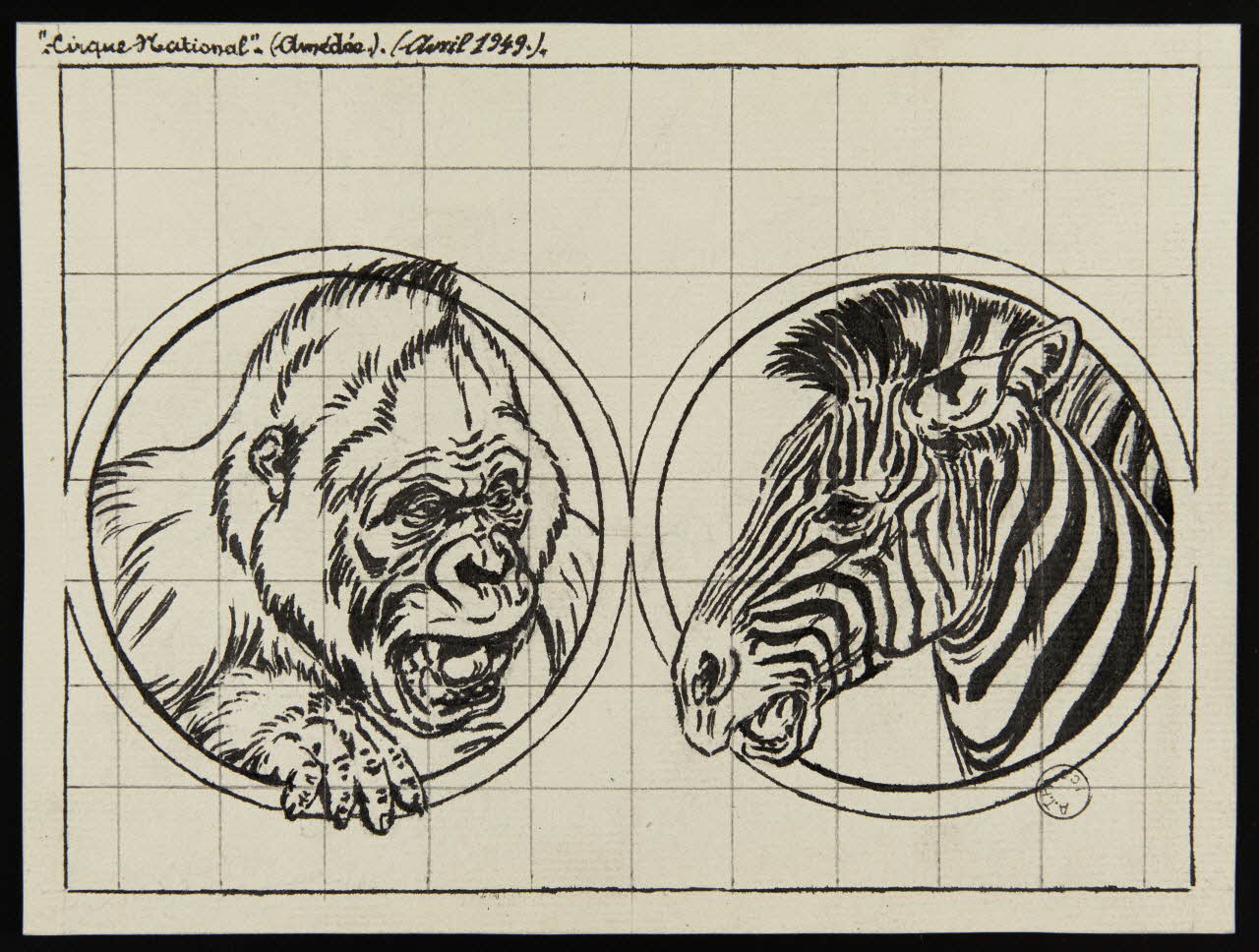 Gustave Soury dessin Têtes de gorille et de zèbre en médaillon 1949 1967.116.439 Photo