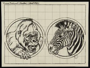 Gustave Soury dessin Têtes de gorille et de zèbre en médaillon 1949 1967.116.439  Photo