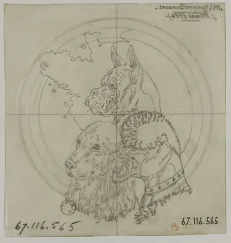 Gustave Soury dessin Trois chiens se détachant sur une carte partielle de la France 1954 1967.116.565 Photo