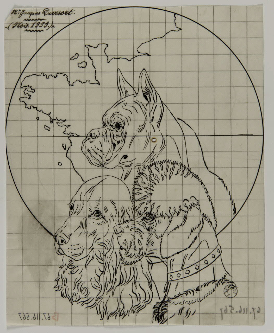 Gustave Soury dessin Trois chiens se détachant sur une carte partielle de la France 1953 1967.116.567  Photo