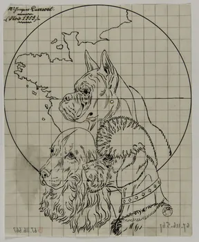 Gustave Soury dessin Trois chiens se détachant sur une carte partielle de la France 1953 1967.116.567 Photo